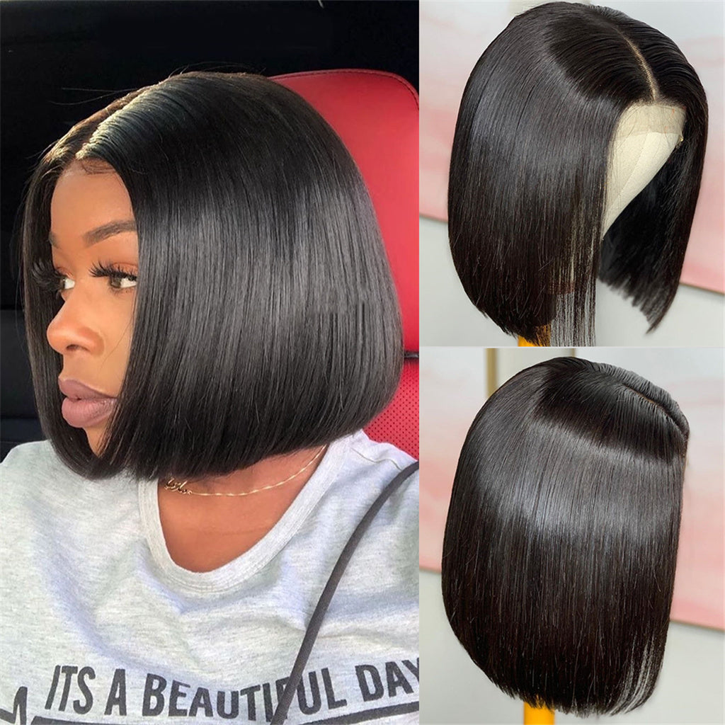 Lace Closure Wigs Bob Straight 4*4 lace middle part 100 Human Hair For  Women | eBay