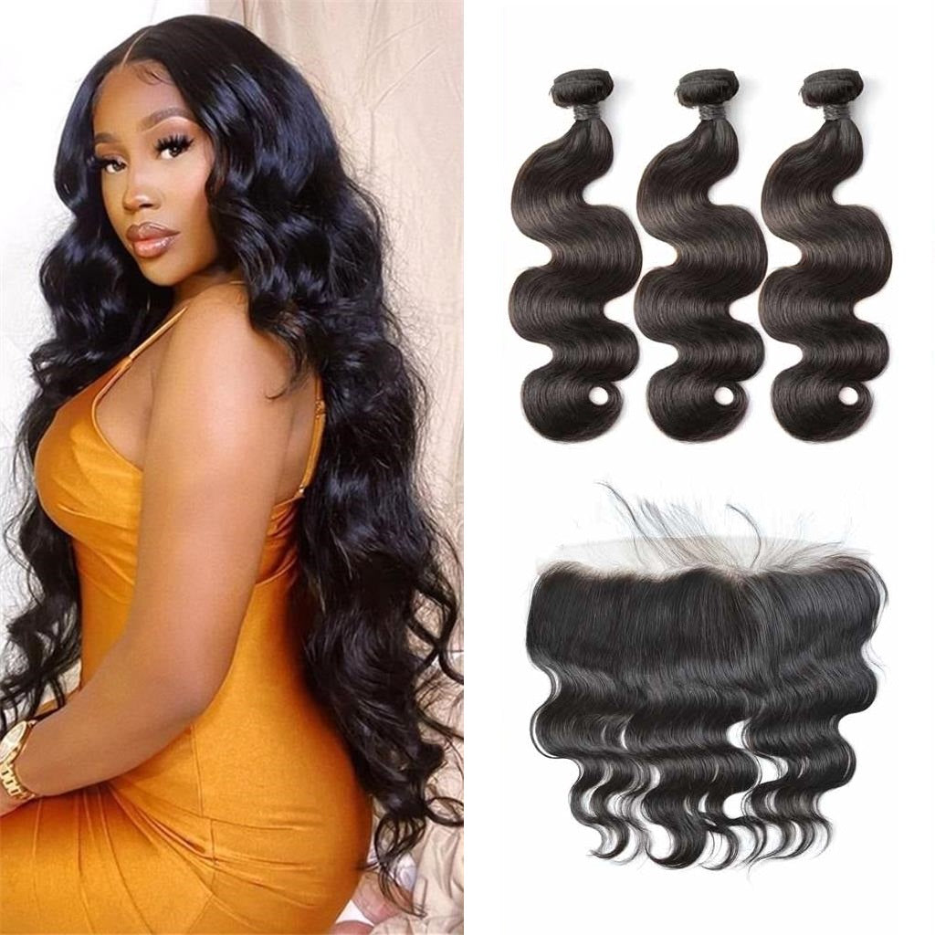 Brazilian Body Wave 3 Bundles With Lace Frontal Preplucked 