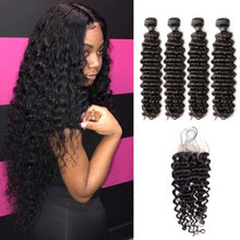 Load image into Gallery viewer, Brazilian-deep-wave-4-bundles-with-4x4-lace-closure-deal-curly-hair-weaves-double-machine-weft