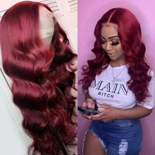 Load image into Gallery viewer, Burgundy-99J-body-wave-lace-front-wig-180%-density-transparent-colored-lace-frontal-wigs