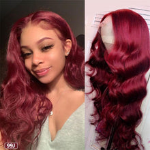 Load image into Gallery viewer, Burgundy-99J-lace-front-wig-180%-density-transparent-wavy-hair-body-wave-wigs