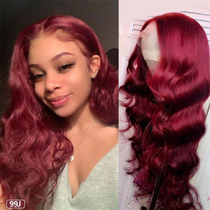 Burgundy-99J-lace-front-wig-180%-density-transparent-wavy-hair-body-wave-wigs