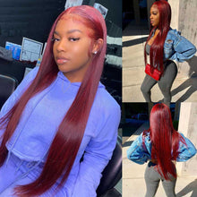 Load image into Gallery viewer, Burgundy-99J-lace-frontal-wig-180%-density-color-wig-transparent-straight-hair-wigs
