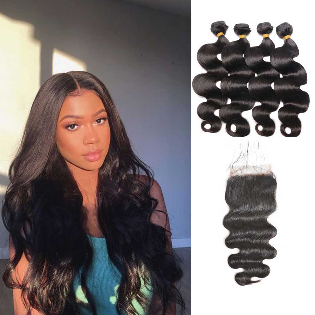 Brazilian Body Wave Virgin Human Hair Bundles with 4x4 Lace Closure Brazilian Loose Wave Virgin Human Hair 4 Bundles With Lace  main image 4